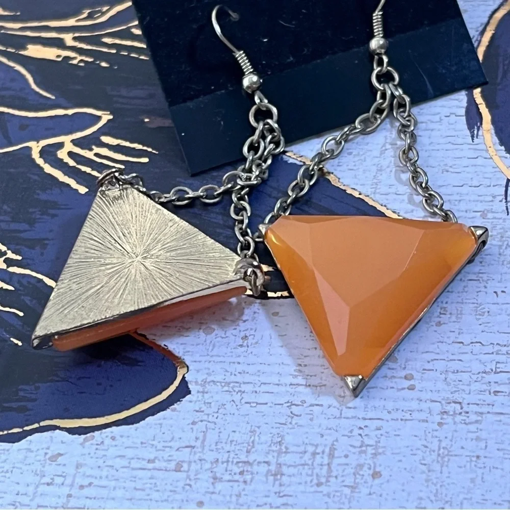 Estate 2010s Large Gold Tone and Orange Triangle Acrylic Dangle Earrings